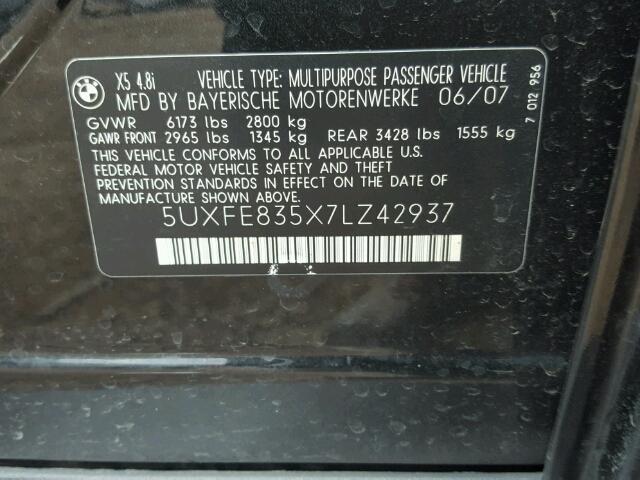 5UXFE835X7LZ42937 - 2007 BMW X5 BLACK photo 10