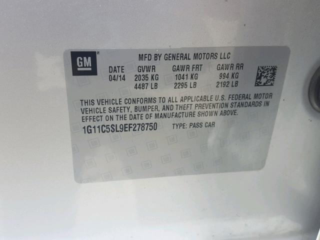 1G11C5SL9EF278750 - 2014 CHEVROLET MALIBU 1LT 银色 照片 10