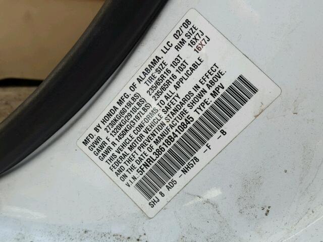 5FNRL38618B410845 - 2008 HONDA ODYSSEY EX WHITE photo 10