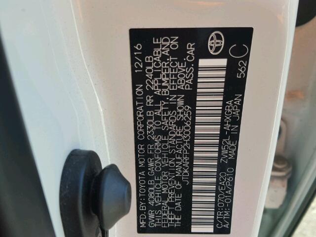 JTDKARFP2H3006259 - 2017 TOYOTA PRIUS PRIM 白色 照片 10