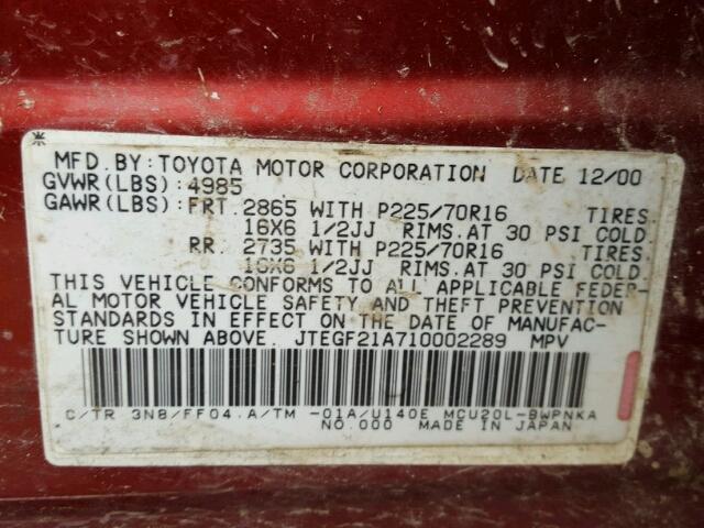 JTEGF21A710002289 - 2001 TOYOTA HIGHLANDER RED photo 10