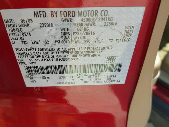 1FMCU03118KE85573 - 2008 FORD ESCAPE XLT RED photo 10