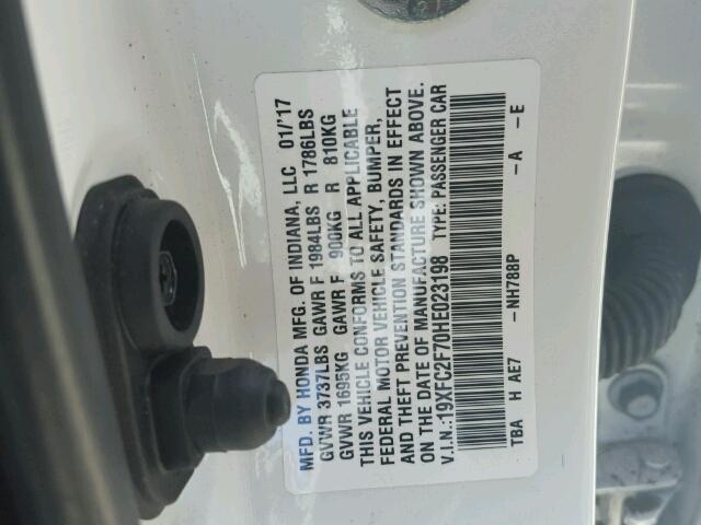 19XFC2F70HE023198 - 2017 HONDA CIVIC EX შავი ფოტო 10