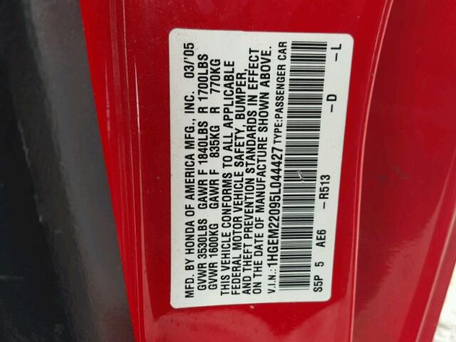 1HGEM22095L044427 - 2005 HONDA CIVIC EX წითელი ფოტო 10