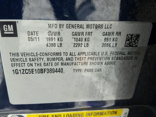 1G1ZC5E10BF389440 - 2011 CHEVROLET MALIBU 1LT BLUE photo 10