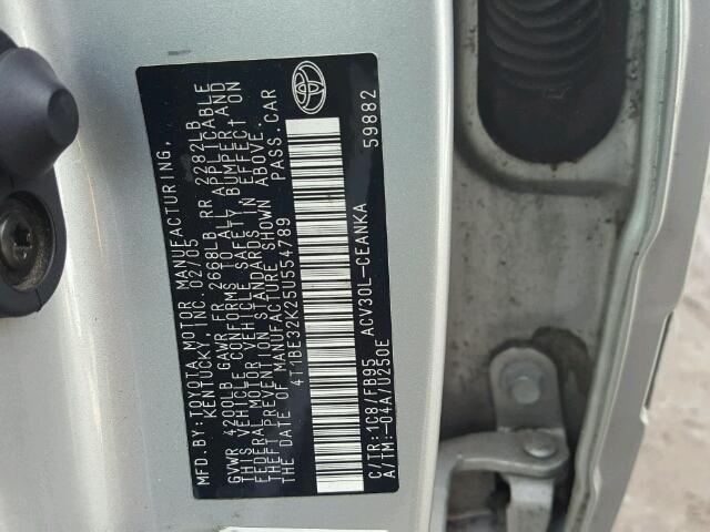 4T1BE32K25U554789 - 2005 TOYOTA CAMRY LE/X SILVER photo 10