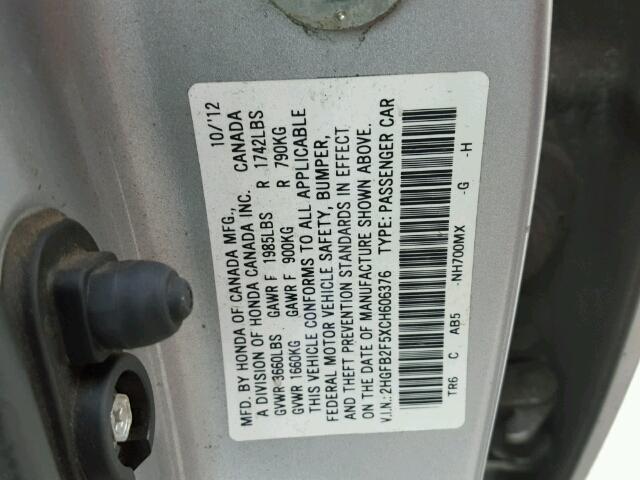 2HGFB2F5XCH606376 - 2012 HONDA CIVIC SILVER photo 10