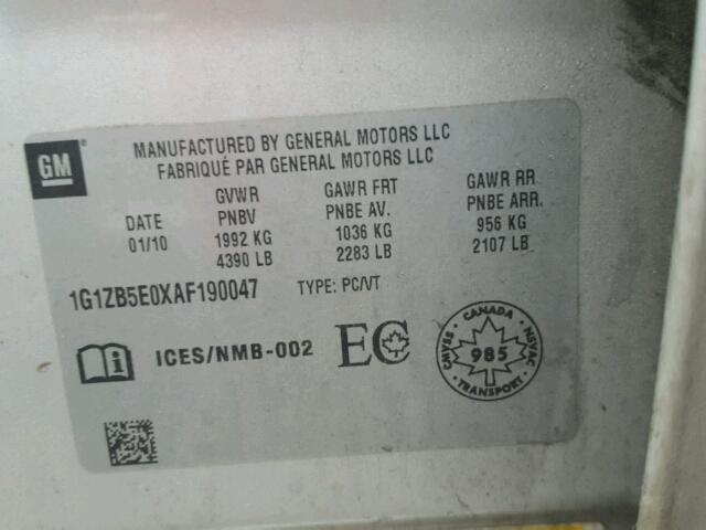 1G1ZB5E0XAF190047 - 2010 CHEVROLET MALIBU LS SILVER photo 10