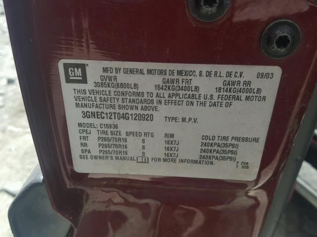 3GNEC12T04G120920 - 2004 CHEVROLET AVALANCHE BURGUNDY photo 10