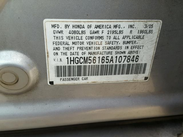 1HGCM56165A107846 - 2005 HONDA ACCORD DX SILVER photo 10