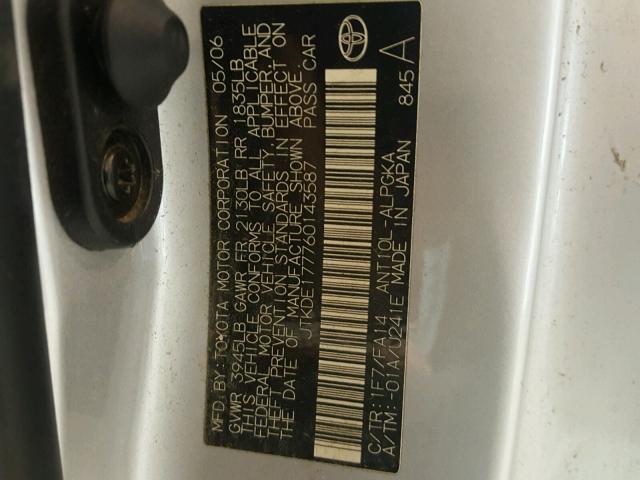 JTKDE177760143587 - 2006 TOYOTA SCION TC 银色 照片 10