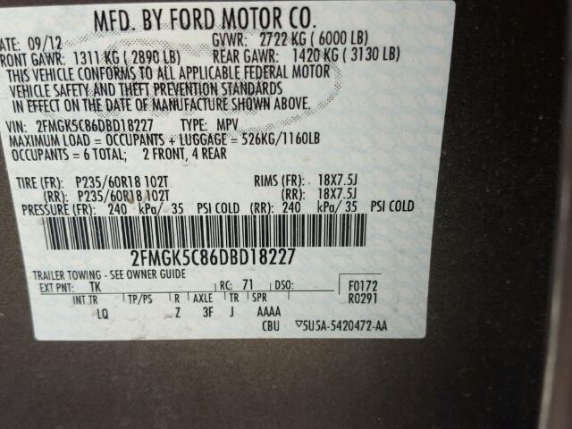 2FMGK5C86DBD18227 - 2013 FORD FLEX SEL ოქროსფერი ფოტო 10