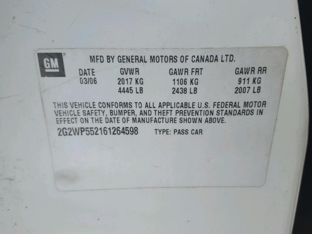 2G2WP552161264598 - 2006 PONTIAC GRAND PRIX WHITE photo 10