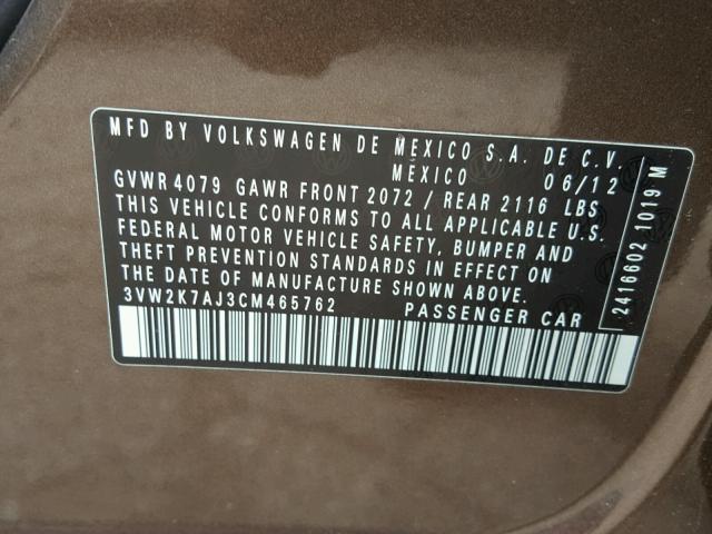 3VW2K7AJ3CM465762 - 2012 VOLKSWAGEN JETTA BASE 棕色 照片 10