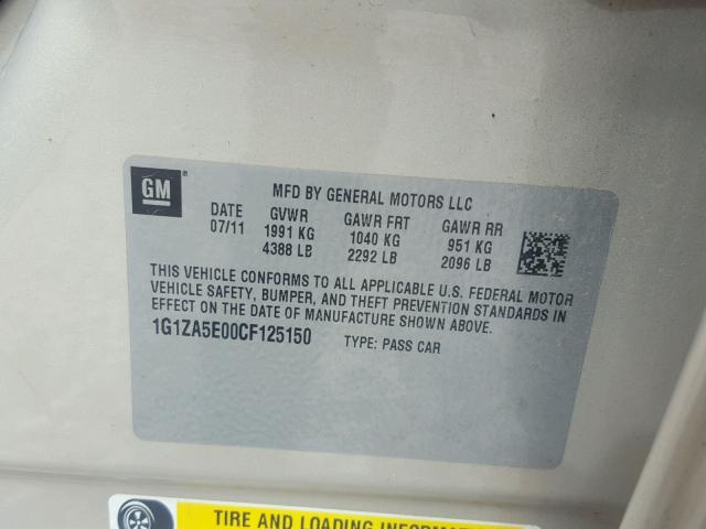 1G1ZA5E00CF125150 - 2012 CHEVROLET MALIBU LS BEIGE photo 10