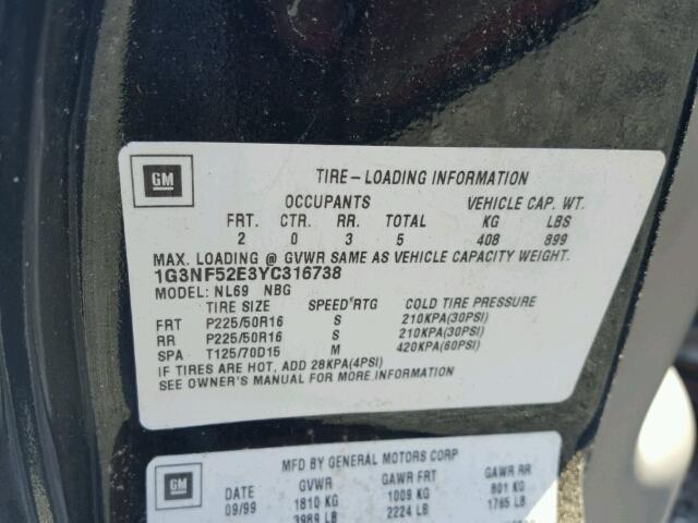 1G3NF52E3YC316738 - 2000 OLDSMOBILE ALERO GLS 黑色 照片 10