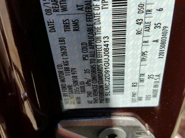 5LMCJ2D91GUJ08413 - 2016 LINCOLN MKC SELECT 勃艮第红 照片 10