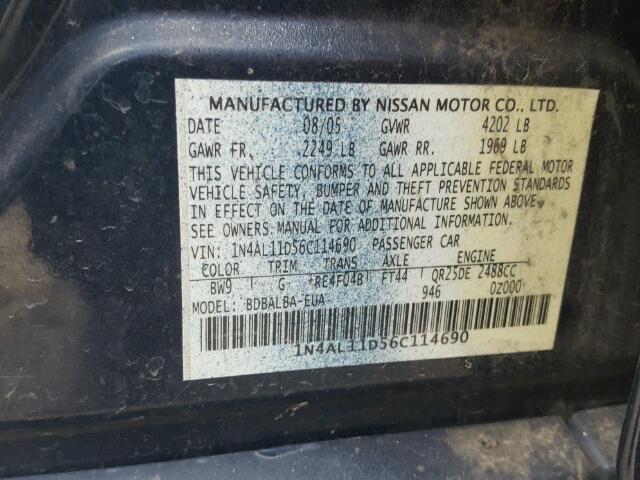 1N4AL11D56C114690 - 2006 NISSAN ALTIMA S BLUE photo 10