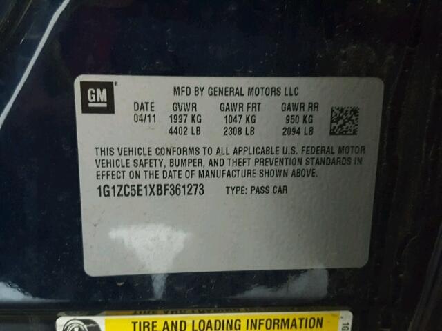 1G1ZC5E1XBF361273 - 2011 CHEVROLET MALIBU 1LT 蓝色 照片 10