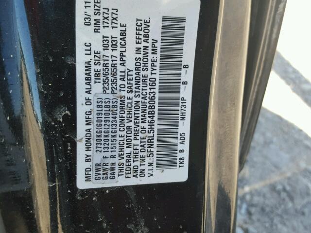 5FNRL5H64BB063160 - 2011 HONDA ODYSSEY EX BLACK photo 10