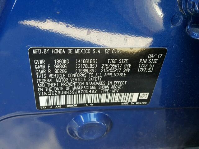 3CZRU6H39JM705482 - 2018 HONDA HR-V LX BLUE photo 10