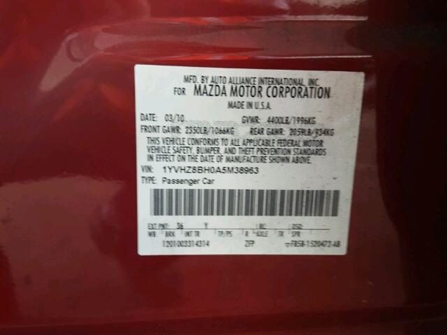 1YVHZ8BH0A5M38963 - 2010 MAZDA 6 I RED photo 10