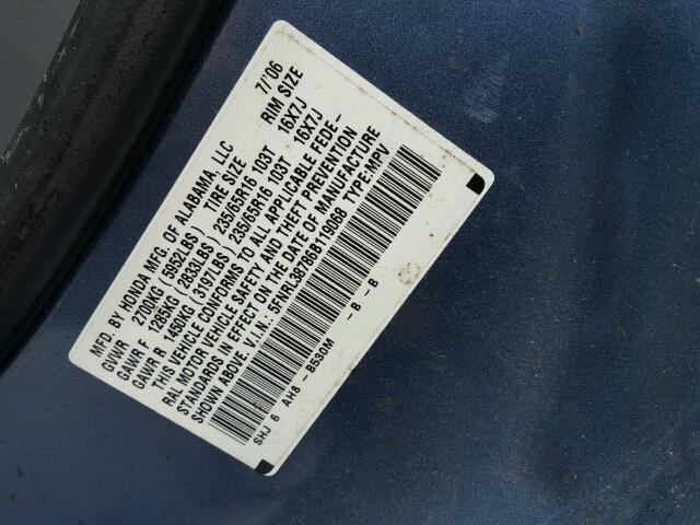 5FNRL38786B119068 - 2006 HONDA ODYSSEY EX BLUE photo 10