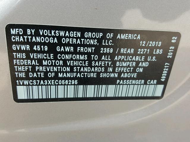 1VWCS7A3XEC056295 - 2014 VOLKSWAGEN PASSAT SEL SILVER photo 10