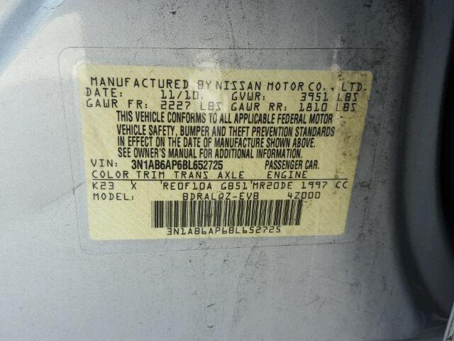 3N1AB6AP6BL652725 - 2011 NISSAN SENTRA 2.0 SILVER photo 10