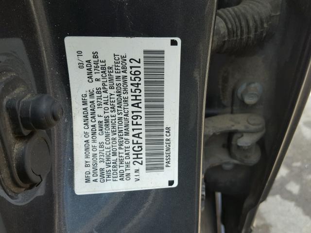 2HGFA1F91AH545612 - 2010 HONDA CIVIC EXL GRAY photo 10