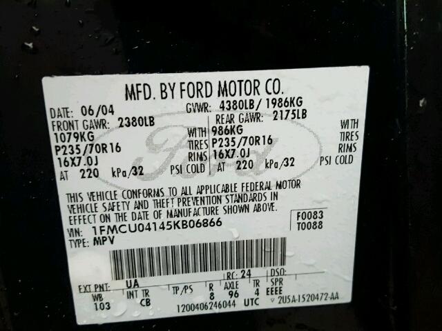 1FMCU04145KB06866 - 2005 FORD ESCAPE LIM BLACK photo 10