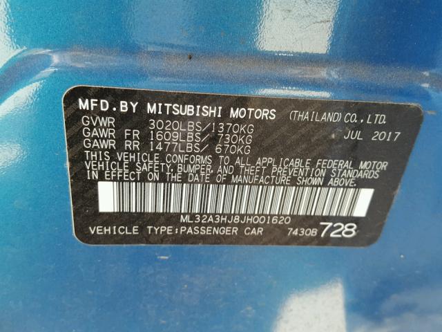 ML32A3HJ8JH001620 - 2018 MITSUBISHI MIRAGE ES BLUE photo 10