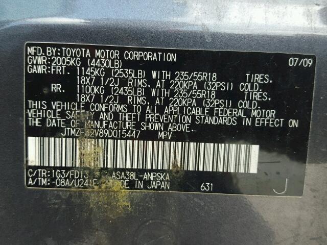 JTMZF32V89D015447 - 2009 TOYOTA RAV4 SPORT GRAY photo 10