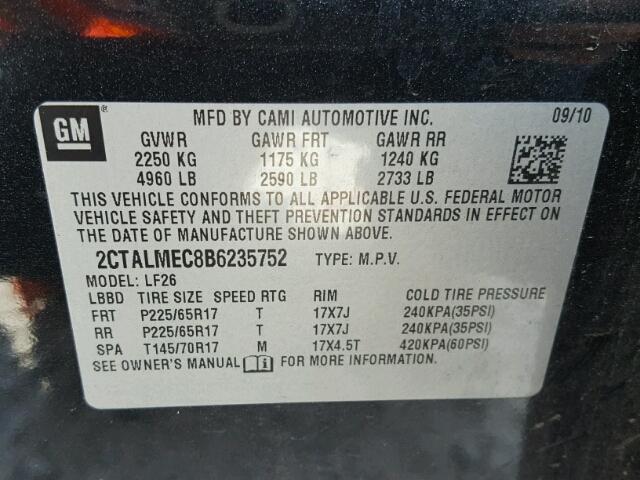 2CTALMEC8B6235752 - 2011 GMC TERRAIN SL BLACK photo 10