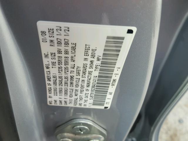 5J8TB18238A014114 - 2008 ACURA RDX SILVER photo 10