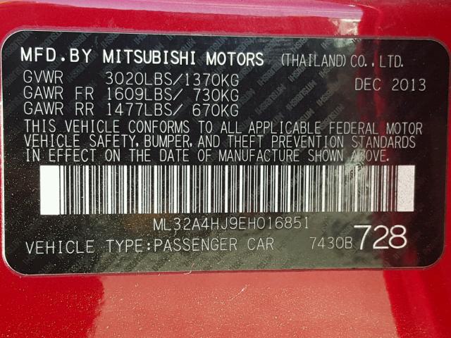 ML32A4HJ9EH016851 - 2014 MITSUBISHI MIRAGE ES RED photo 10