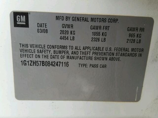 1G1ZH57B084247116 - 2008 CHEVROLET MALIBU 1LT WHITE photo 10