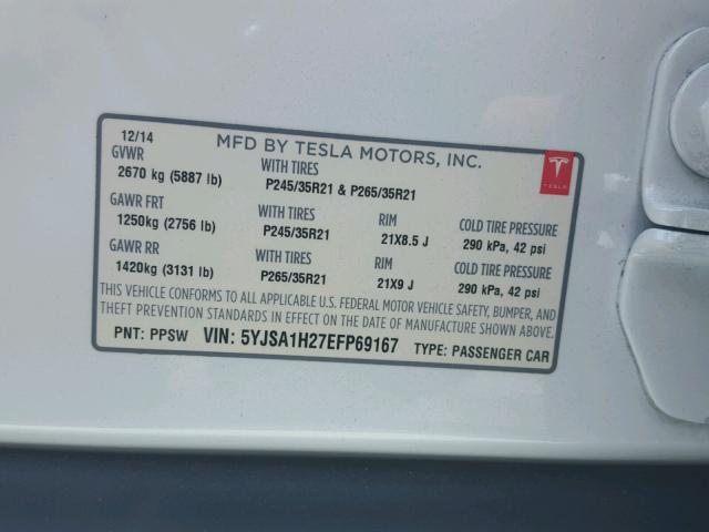 5YJSA1H27EFP69167 - 2014 TESLA MODEL S 白色 照片 10