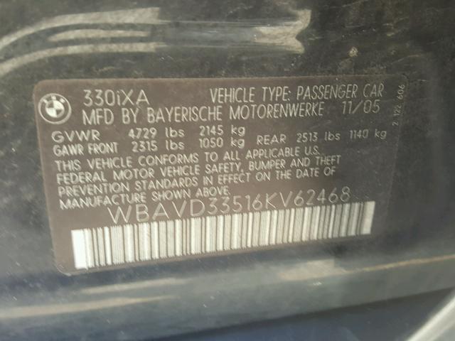 WBAVD33516KV62468 - 2006 BMW 330 XI BLACK photo 10