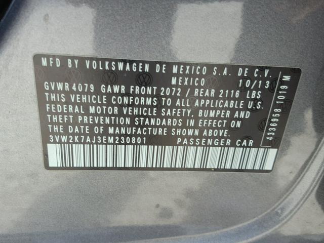 3VW2K7AJ3EM230801 - 2014 VOLKSWAGEN JETTA BASE 灰色 照片 10