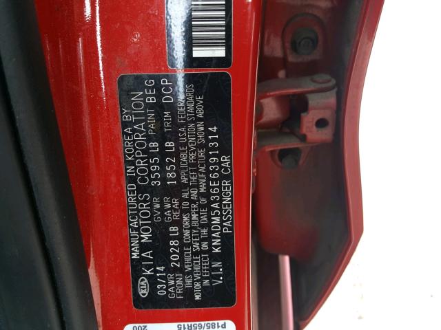 KNADM5A36E6391314 - 2014 KIA RIO LX RED photo 10