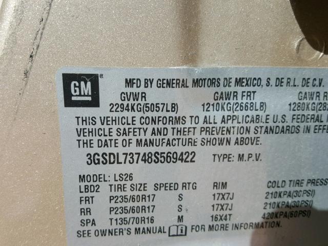 3GSDL73748S569422 - 2008 SATURN VUE XR GOLD photo 10