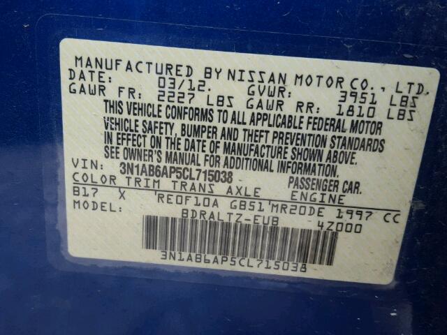 3N1AB6AP5CL715038 - 2012 NISSAN SENTRA BLUE photo 10