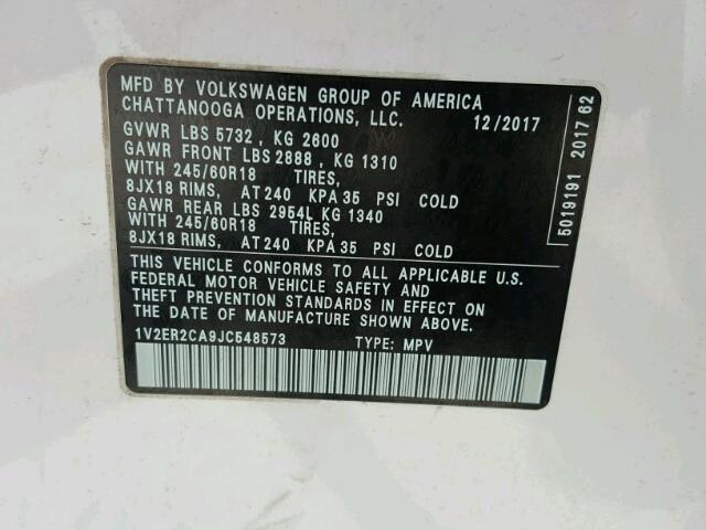 1V2ER2CA9JC548573 - 2018 VOLKSWAGEN ATLAS SEL Ağ foto 10