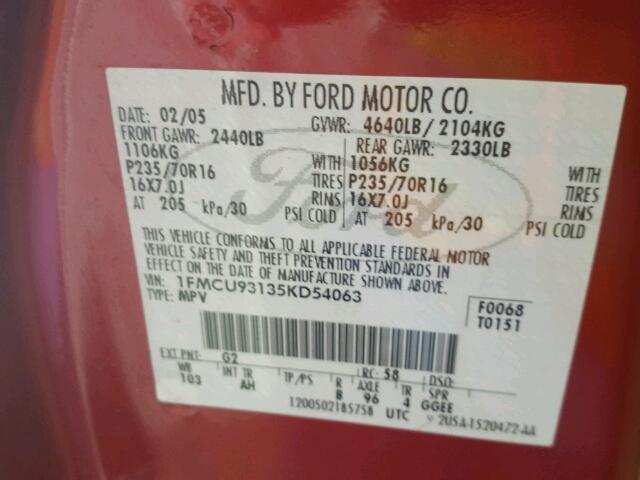 1FMCU93135KD54063 - 2005 FORD ESCAPE XLT RED photo 10