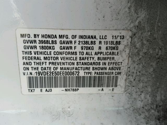 19VDE2E50EE000672 - 2014 ACURA ILX 24 PRE WHITE photo 10