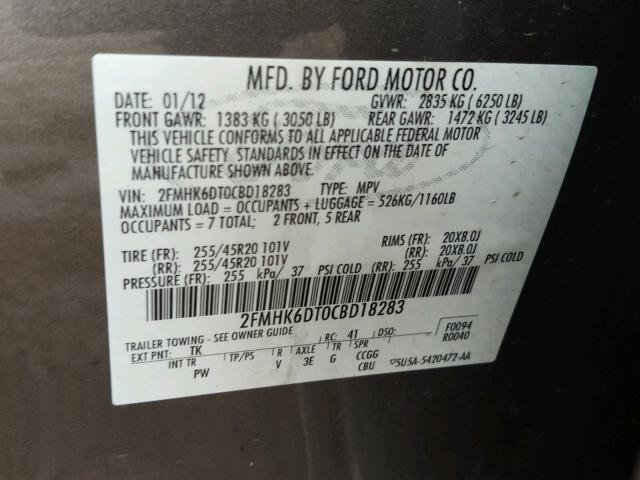 2FMHK6DT0CBD18283 - 2012 FORD FLEX LIMIT GRAY photo 10