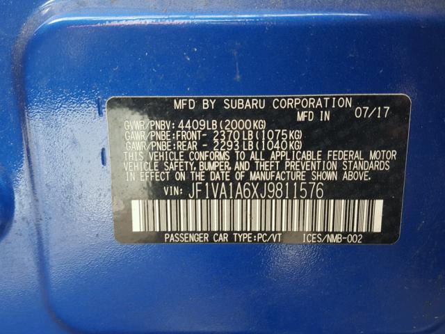 JF1VA1A6XJ9811576 - 2018 SUBARU WRX BLUE photo 10