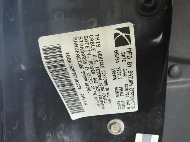 1G8AJ52F75Z101288 - 2005 SATURN ION LEVEL BLACK photo 10