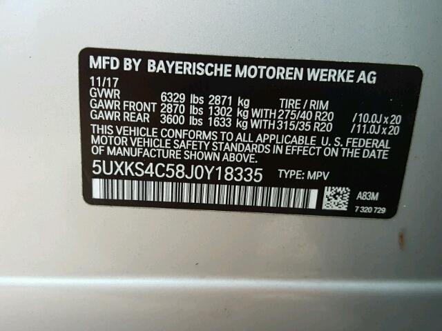 5UXKS4C58J0Y18335 - 2018 BMW X5 XDRIVE3 SILVER photo 10